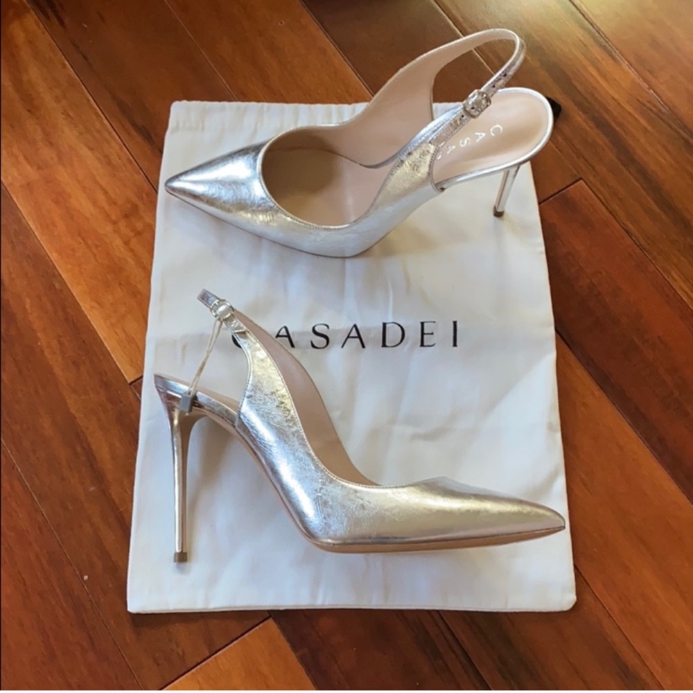 New Casadei Silver Leather Sling Back Heels